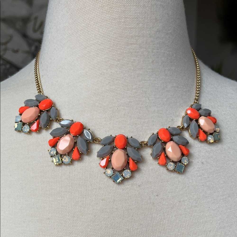 J Crew Coral and Gray with Rhinestones Gold Tone Statement Necklace